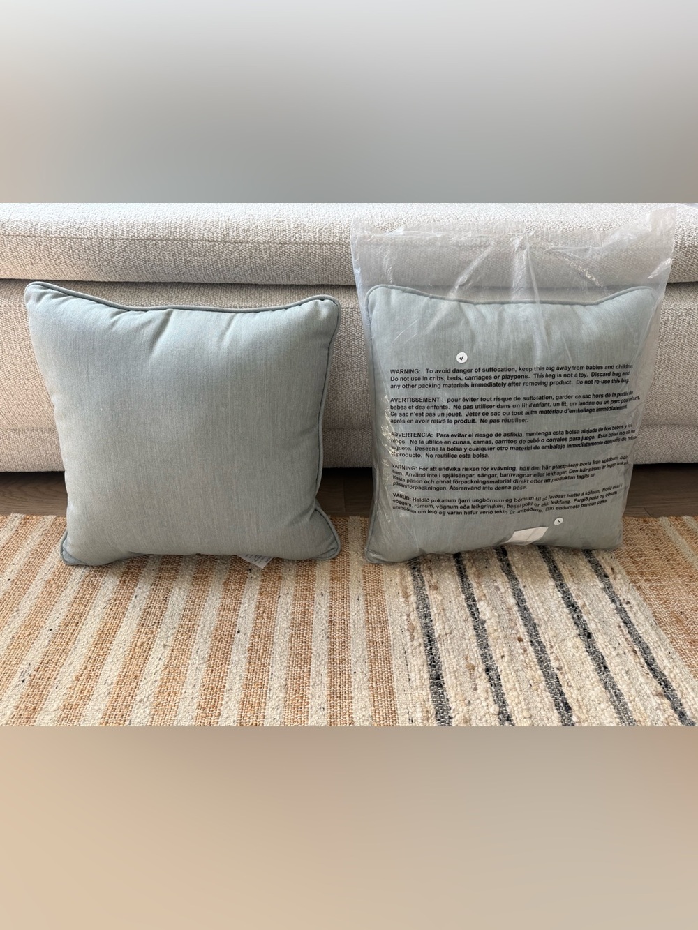 Sunbrella Outdoor/Indoor Pillow. 19X19. Color is Mist. New Not Used.